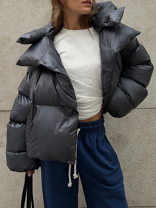 flowersverse Long Sleeves Loose Solid Color Split-Joint Hooded Padded Coat