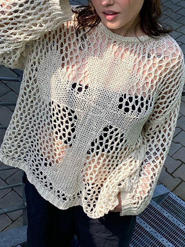 flowersverse Hollow Solid Color Long Sleeves Loose Round-Neck Sweater Tops Pullovers Knitwear