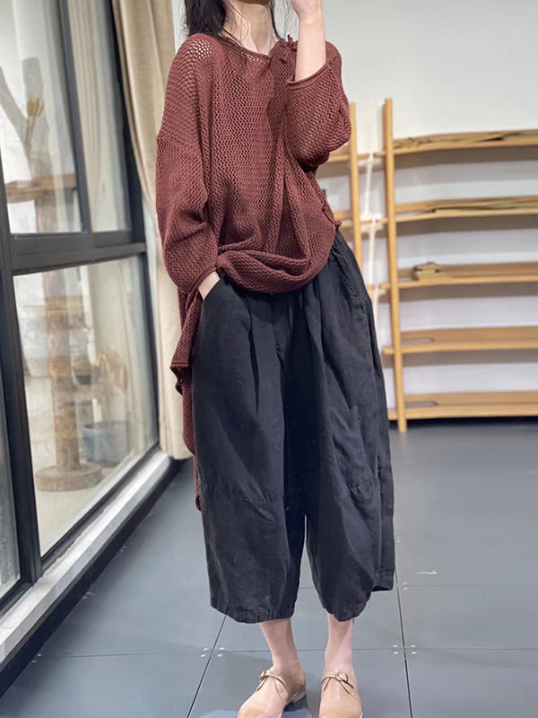 flowersverse Asymmetric Hollow Split-side Long Sleeves Loose Round-neck Sweater Tops