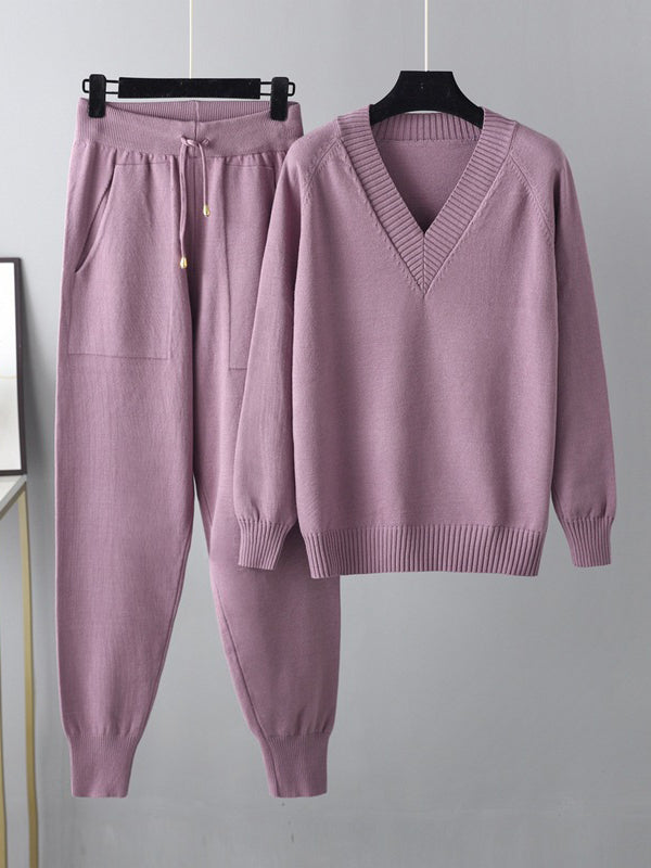 flowersverse Casual Loose Harem Pants Solid Color V-Neck Sweater Tops Pants Two Pieces Set