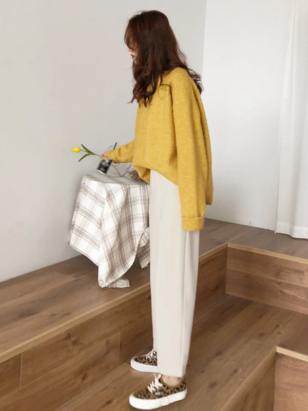 flowersverse Simple Loose Long Sleeves Round-Neck Sweater Tops Pullovers
