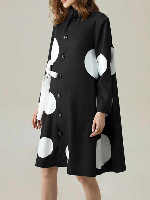 flowersverse Asymmetric Buttoned Polka-Dot Tied Long Sleeves Loose Mock Neck Midi Dresses