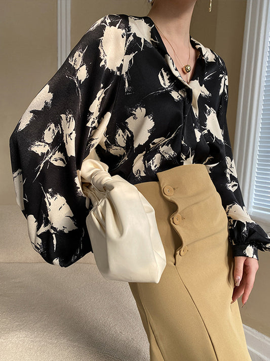 flowersverse Casual Loose Puff Sleeves Printed V-Neck Blouses&Shirts Tops