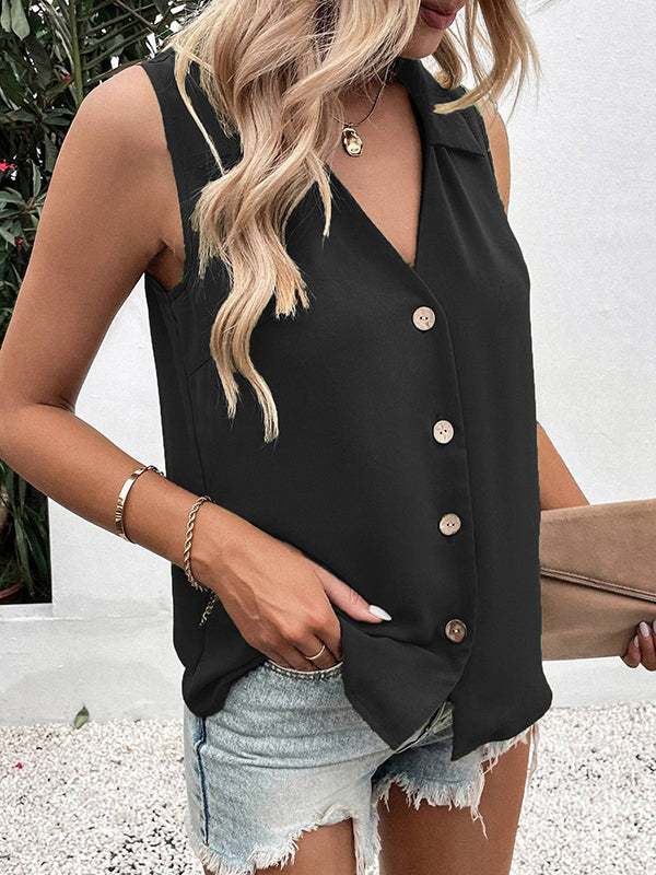 flowersverse Buttoned Solid Color Split-Joint Loose Sleeveless V-neck Vest Top