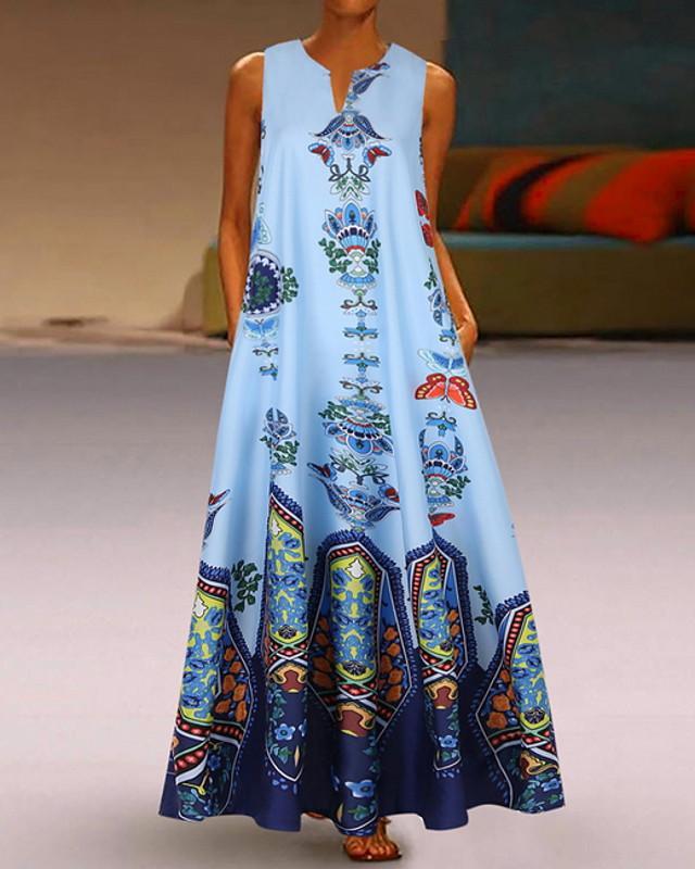 flowersverse Women's A-Line Dress Maxi Long Dress - Sleeveless Pocket Print Spring & Summer V Neck Hot Casual Boho Holiday White Black Blue Yellow Light Blue White Dresses