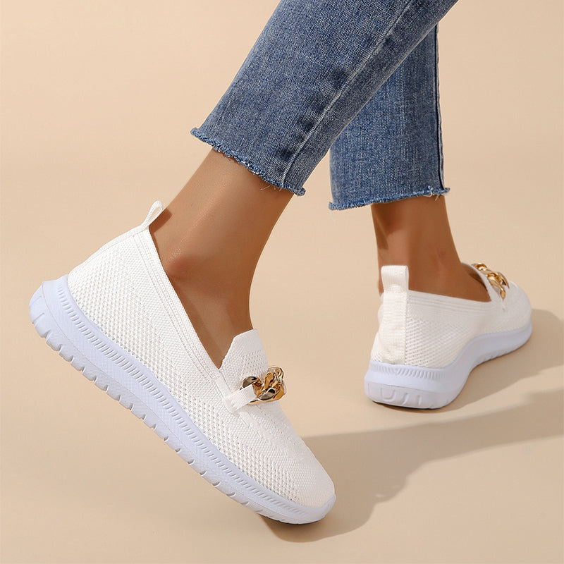flowersverse Mesh Sports Walking Shoes for Women with Chain Accent Flats