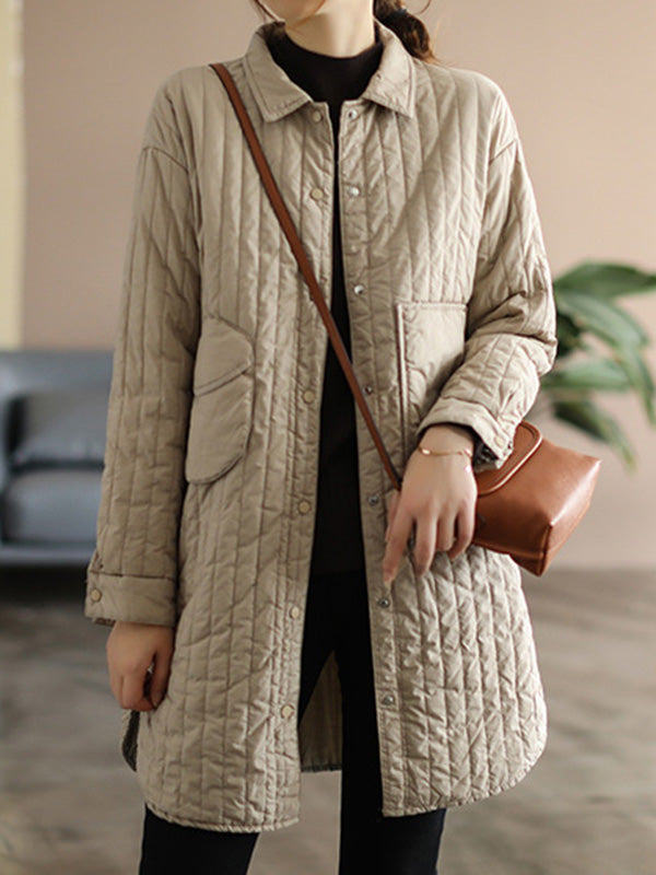 flowersverse Asymmetric Buttoned Pockets Quilted Solid Color Split-side Long Sleeves Loose Lapel Padded Coat