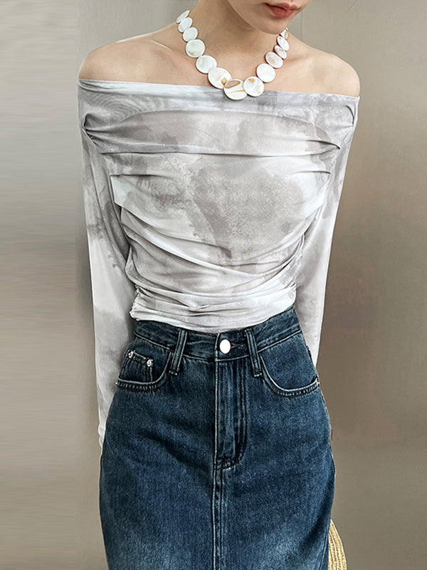 flowersverse Gauze Pleated Split-Joint Tie-Dyed Skinny Sun-Protection Off-The-Shoulder Blouses&Shirts Tops