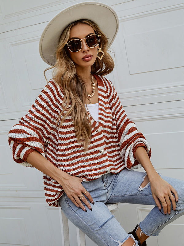 flowersverse Casual Loose Long Sleeves Striped V-Neck Cardigan Tops