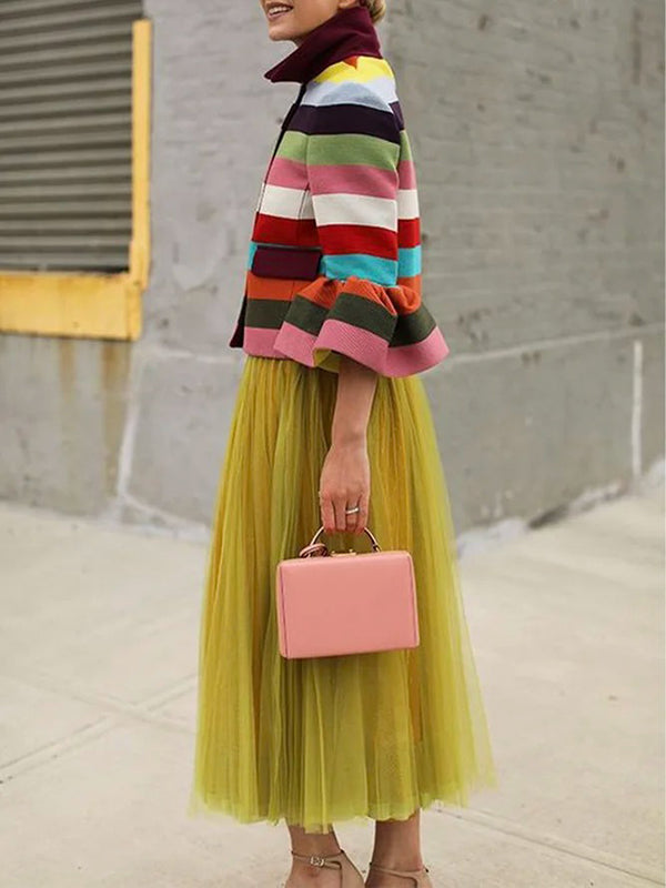 flowersverse Flared Sleeves Multi-Colored Striped Lapel Jackets Outerwear