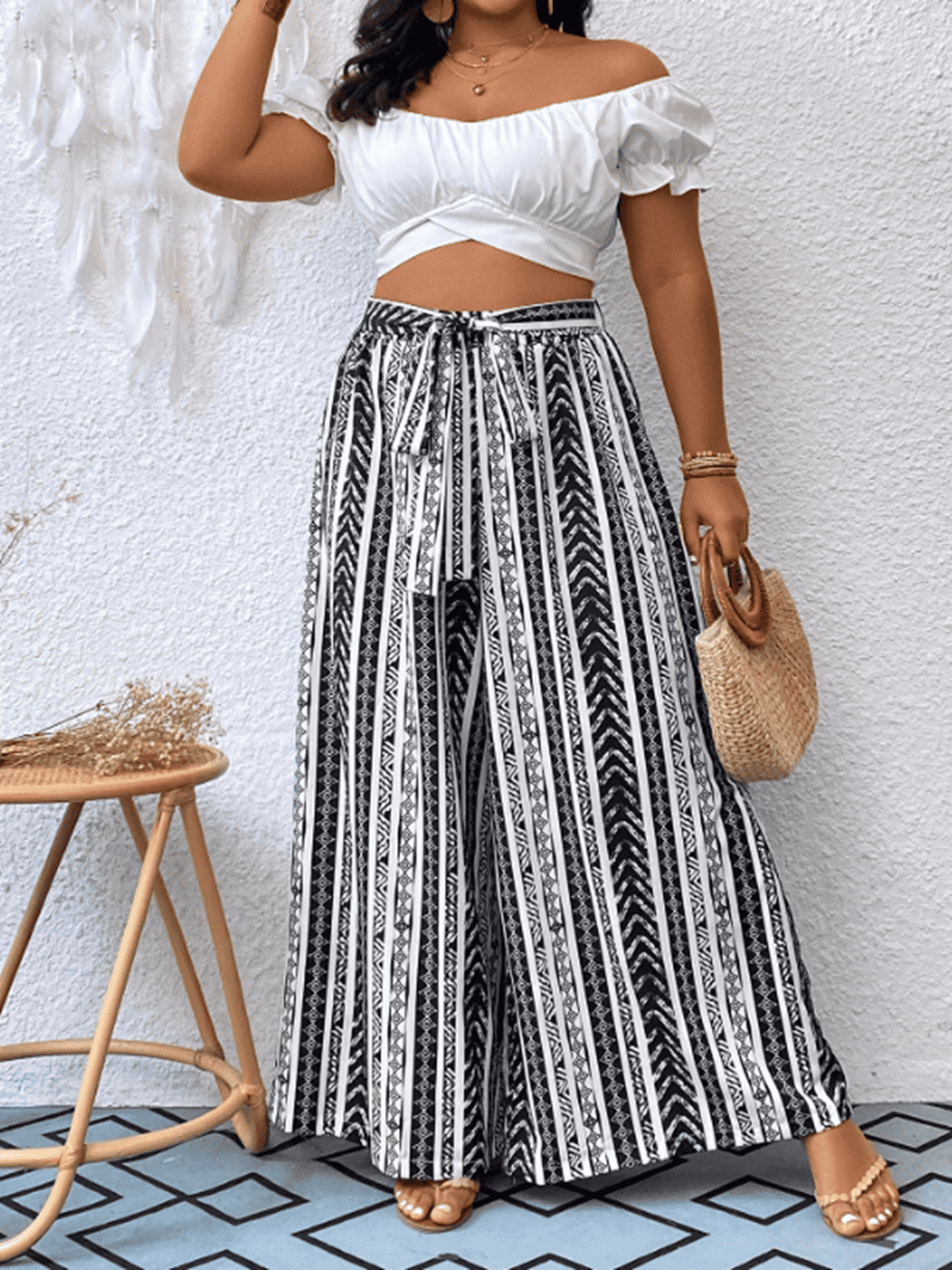 flowersverse Plus Size Striped Tied Wide Leg Pants