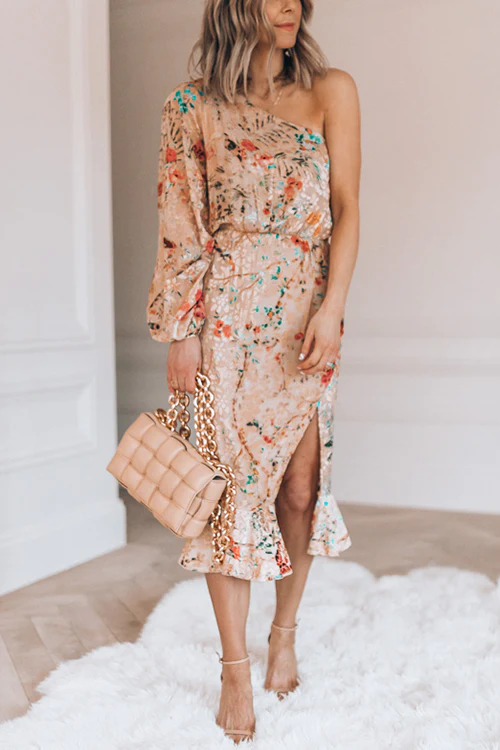 flowersverse Casual Print Patchwork One Shoulder Irregular Dress Dresses