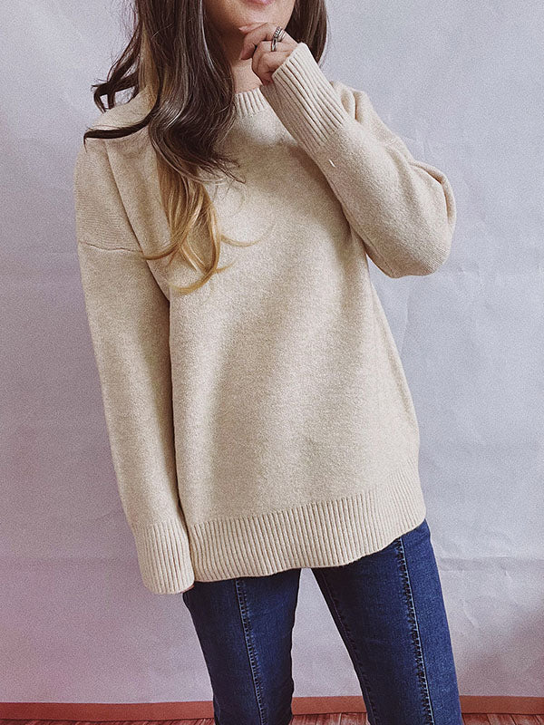 flowersverse Casual Loose Long Sleeves Solid Color Round-Neck Sweater Tops