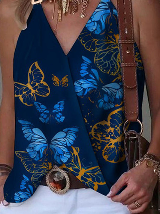 flowersverse Butterfly Print Split-Joint Sleeveless V-Neck Vest Top