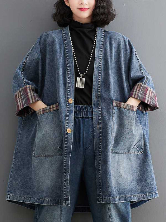 flowersverse Buttoned Plaid Pockets Split-Joint Long Sleeves Loose V-Neck Denim Outerwear