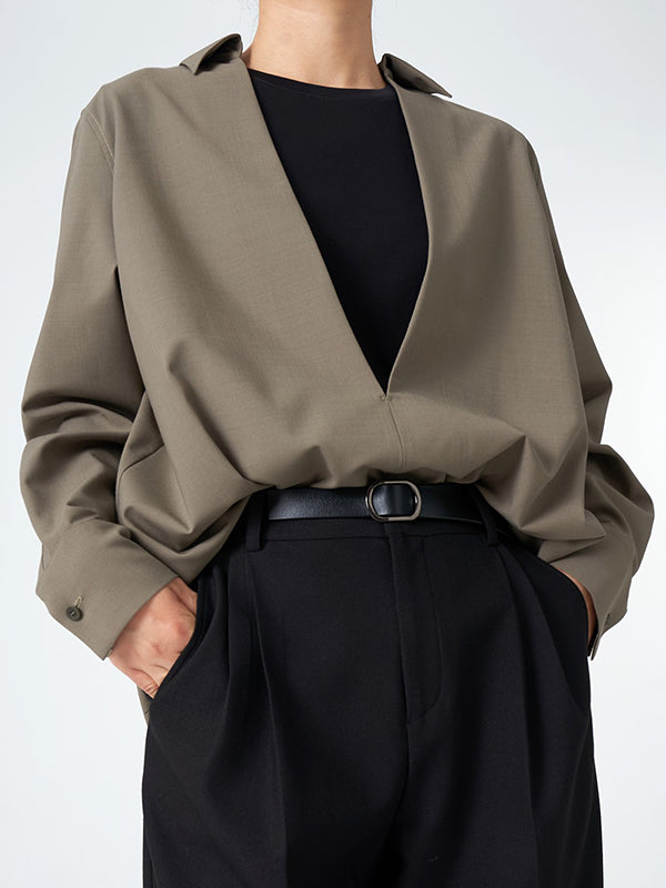flowersverse Solid Color Long Sleeves Loose Deep V-Neck Blouses&Shirts Tops