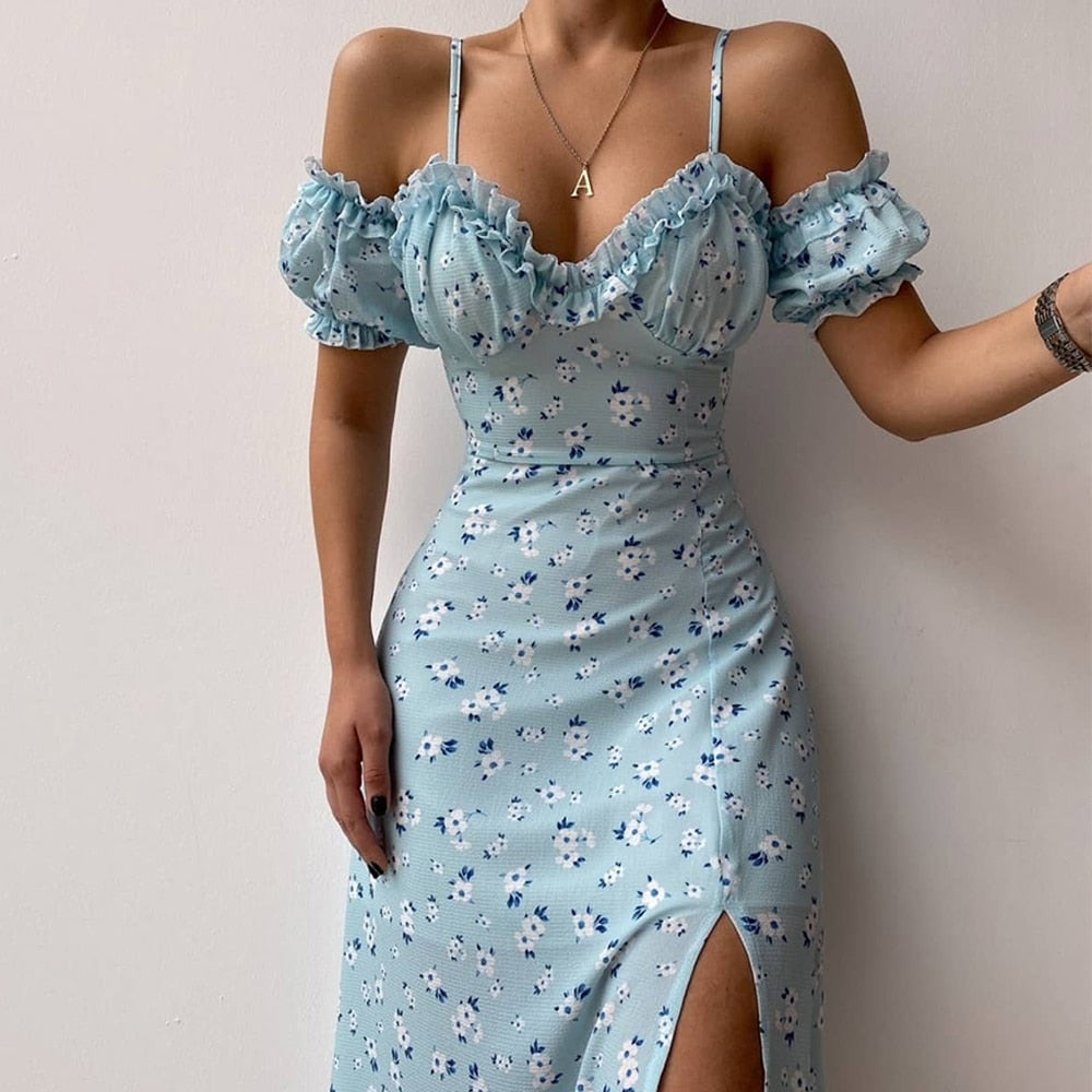 flowersverse Fashionkova Women’S Off Shoulder Frilly Suspender Dress Party Summer Ladies Short Sleeve V-Neck Split Mid-Length Dress Floarl A-Line