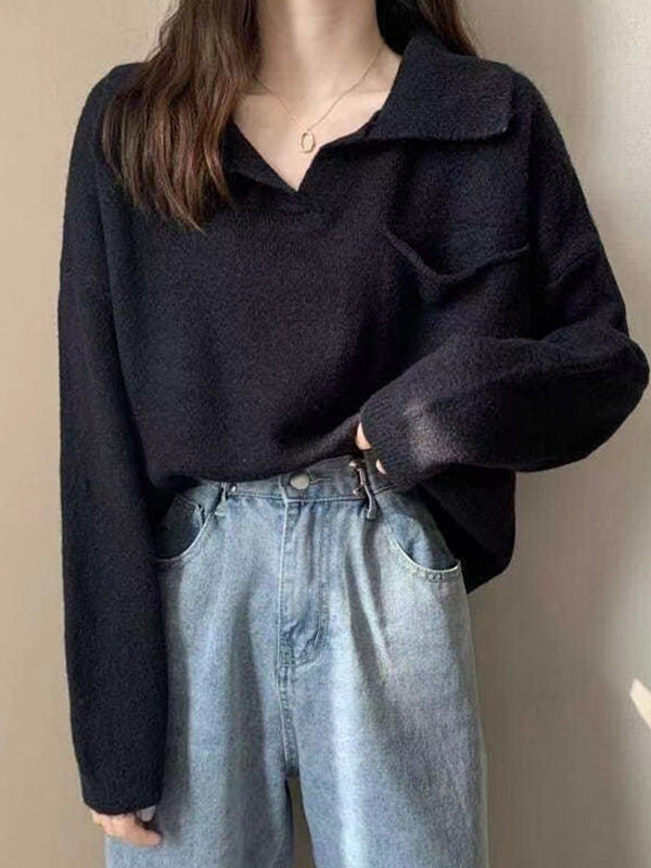 flowersverse Casual Simple 6 Colors V-Neck Long Sleeves Sweater Top