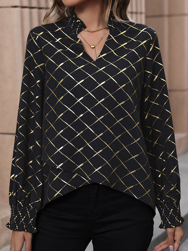 flowersverse Bronzing Contrast Color High-Low Wrap High-Neck Blouses&Shirts Tops