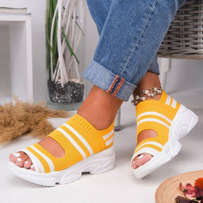 flowersverse Fashionkova New Women Sandals High Heels Platform Women Shoes Summer Female Flats Knitting Slip On Peep Toe Casual Women Sandals