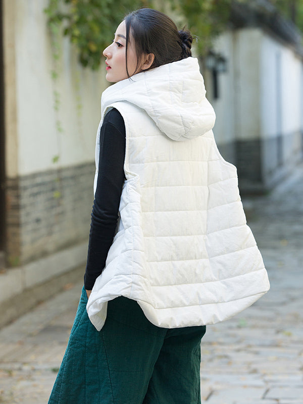 flowersverse Simple Sleeveless Loose Keep Warm Cotton Quilted Solid Color Hooded Vest Outerwear