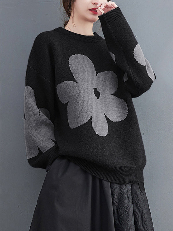 flowersverse Casual Loose Long Sleeves Contrast Color Jacquard Round-Neck Sweater Tops