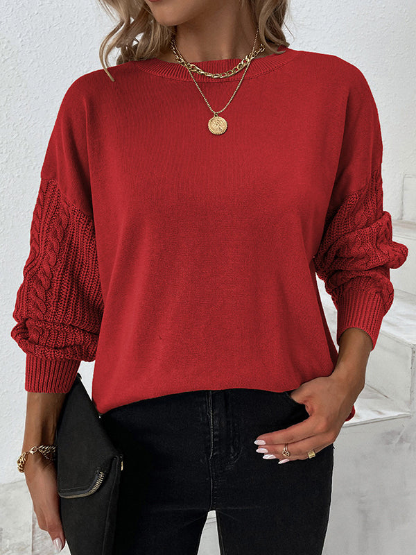 flowersverse Knitted Twist Long Sleeves Solid Color Round-Neck Sweater Tops