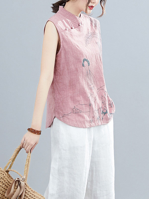flowersverse Artistic Retro Chinese-Style Printed Buttoned Stand Collar Sleeveless Vest