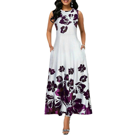 flowersverse Women's Work Dress Black Dress Semi Formal Dress Fashion Maxi Dress Pocket Print Crew Neck Sleeveless Floral Color Block Regular Fit Black White Yellow Spring Summer S M L XL XXL