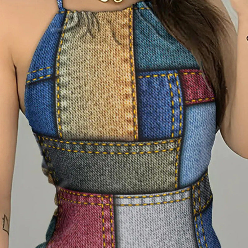 flowersverse Women Summer Casual Sleeveless Halter Neck Lace-Up Denim Print Backless Dress