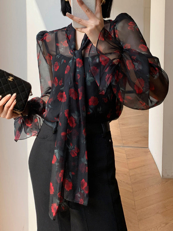 flowersverse Elasticity Flower Print Mesh Tied Flared Sleeves Long Sleeves V-Neck Blouses&Shirts Tops