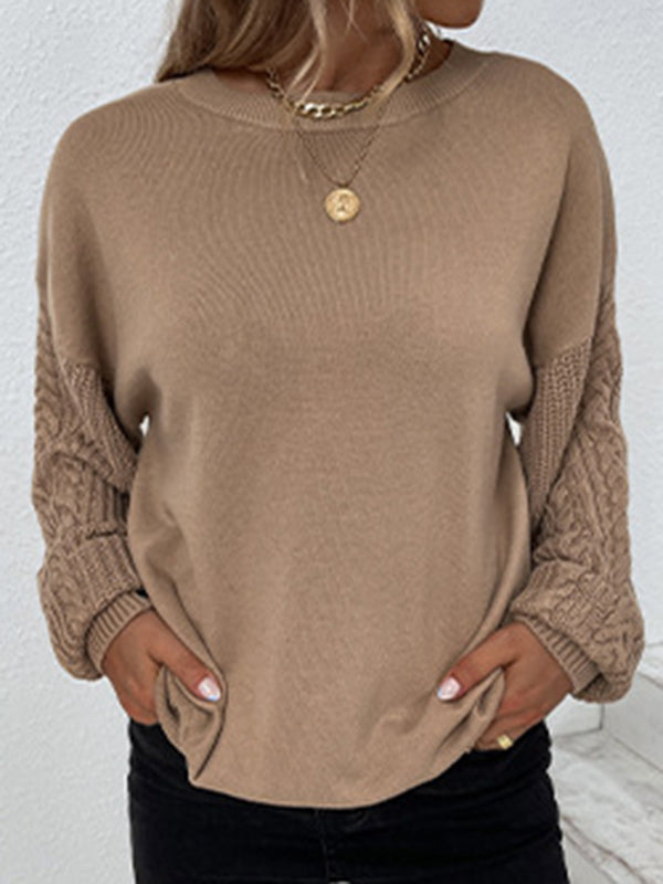 flowersverse Knitted Twist Long Sleeves Solid Color Round-Neck Sweater Tops