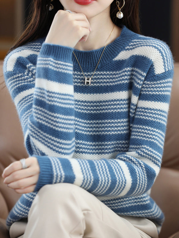flowersverse Casual Loose Long Sleeves Striped Round-Neck Sweater Tops
