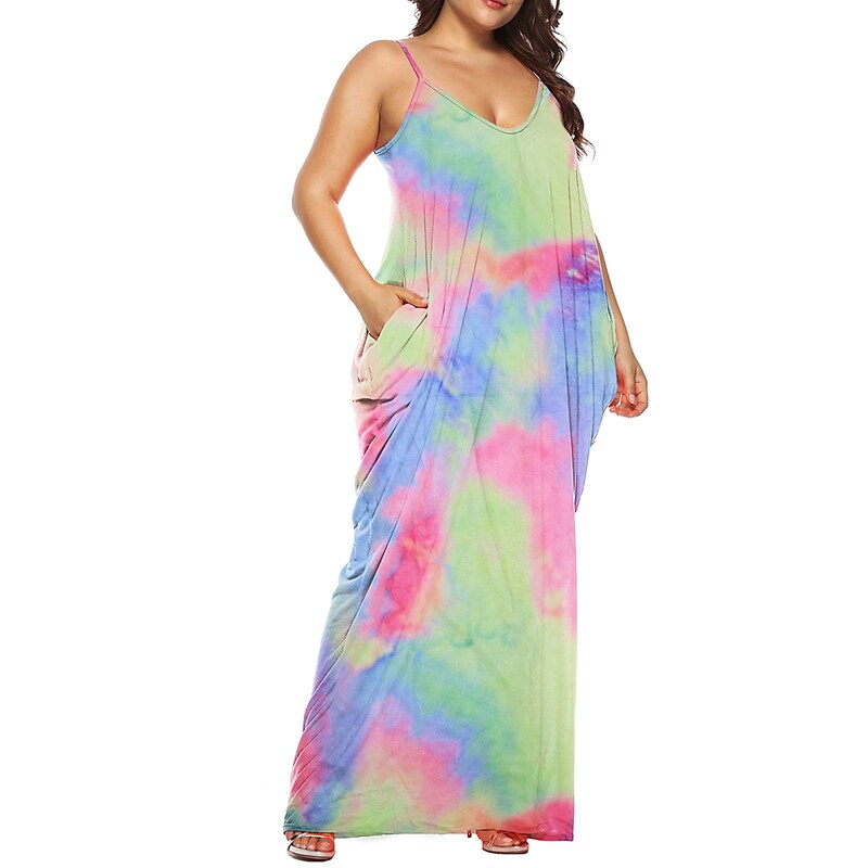 flowersverse Women's Plus Size Casual Dress Shift Dress Slip Dress Leaf Tie Dye Long Dress Maxi Dress Sleeveless Pocket Print Strap Fashion Daily Light Yellow White Spring Summer XL XXL 3XL