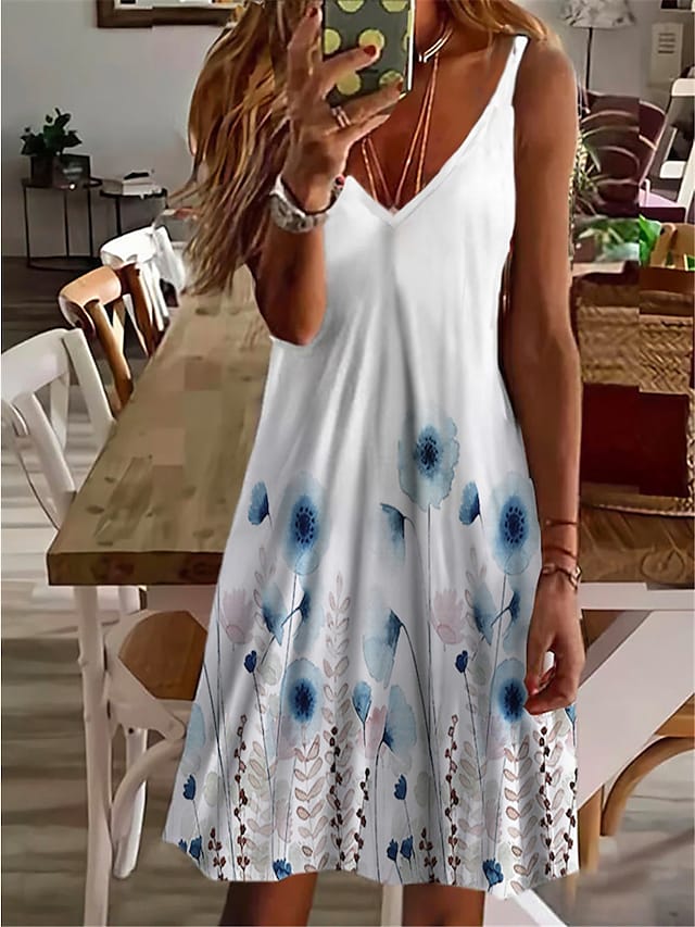 flowersverse Women's Casual Dress Shift Dress Summer Dress Floral Print Strap Mini Dress Fashion Streetwear Outdoor Daily Sleeveless Regular Fit Black White Spring Summer S M L XL XXL