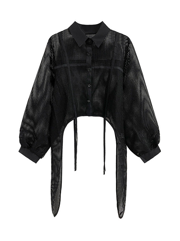 flowersverse Stylish Long Sleeves Loose Mesh See-Through Sun Protection Blouses&Shirts Tops