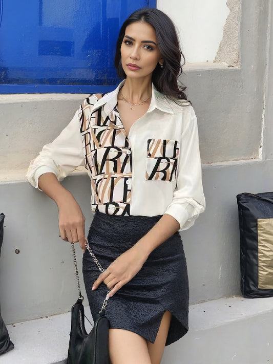 flowersverse Asymmetric Buttoned Letter Print Pockets Long Sleeves Loose Lapel Blouses&shirts Tops