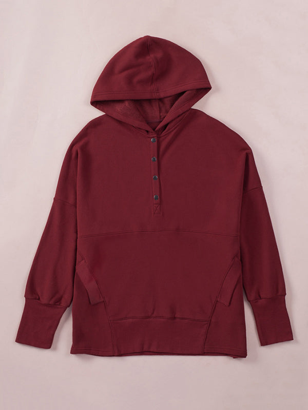 flowersverse Buttoned Hooded Split-Joint Batwing Sleeves Long Sleeves V-Neck Hoodies Tops