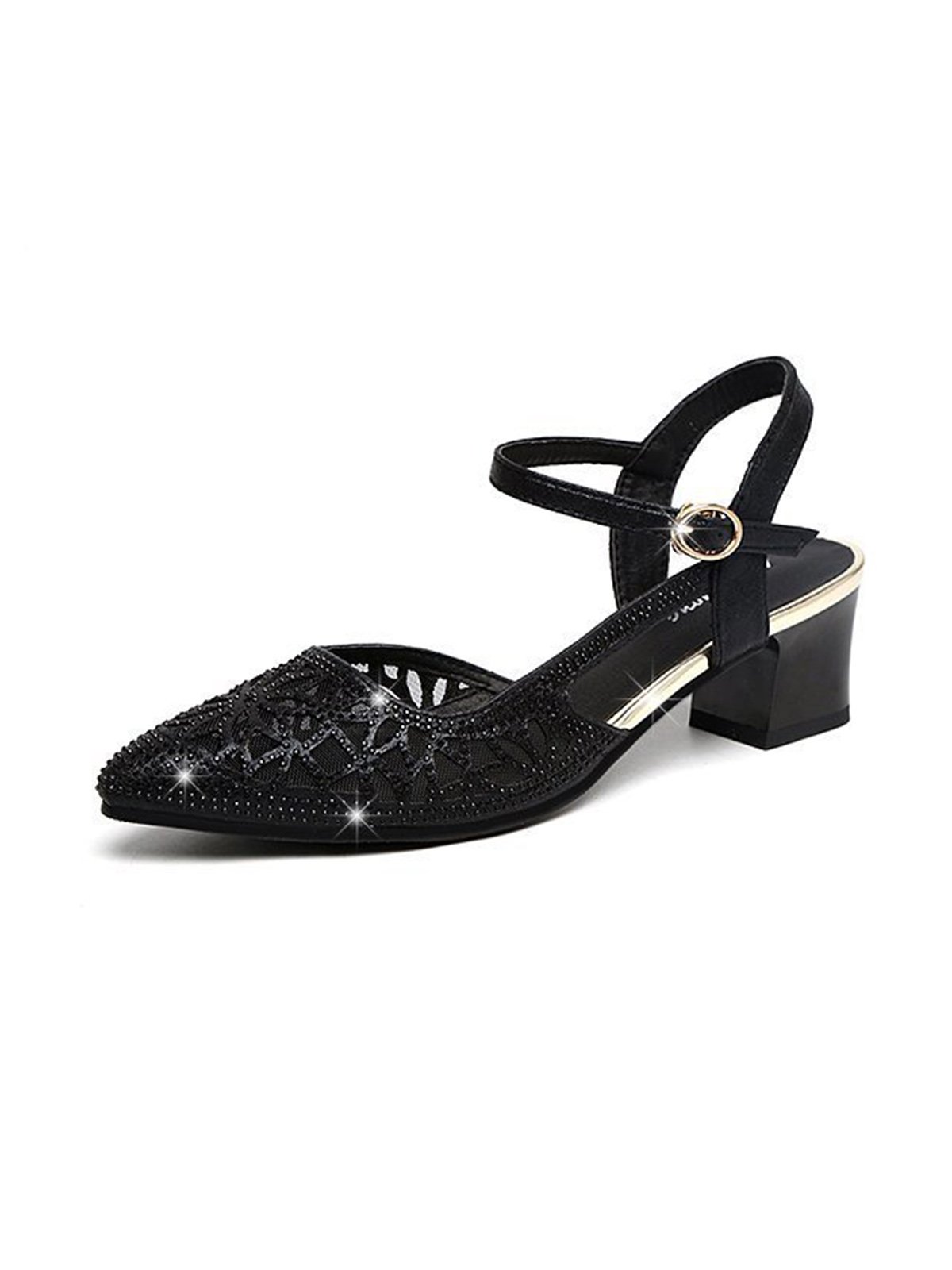 flowersverse Luxurious Rhinestone Mesh Hollow Thick Heel Banquet Dress High Heels