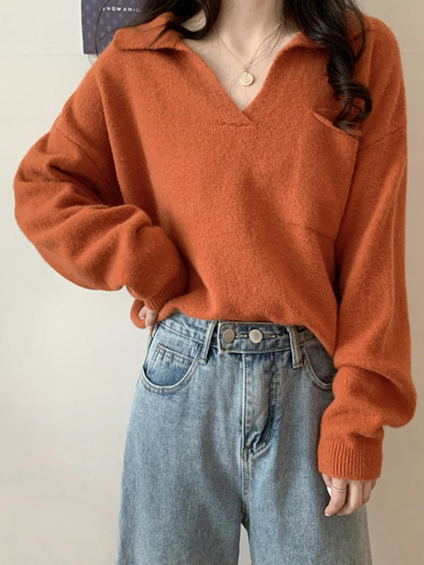 flowersverse Casual Simple 6 Colors V-Neck Long Sleeves Sweater Top