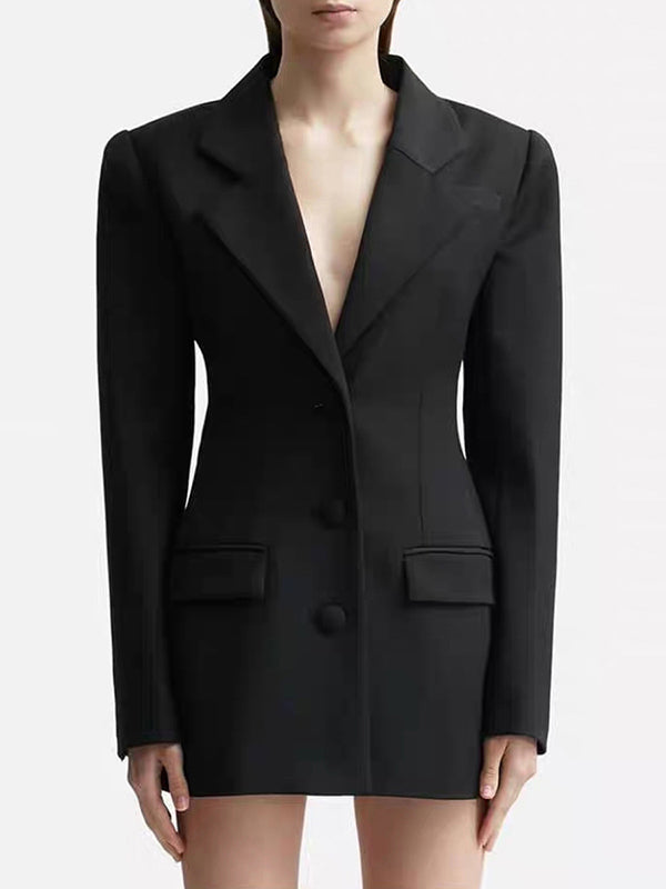 flowersverse Backless Buttoned Hollow Rhine Stones Solid Color Long Sleeves Deep V-Neck Blazer