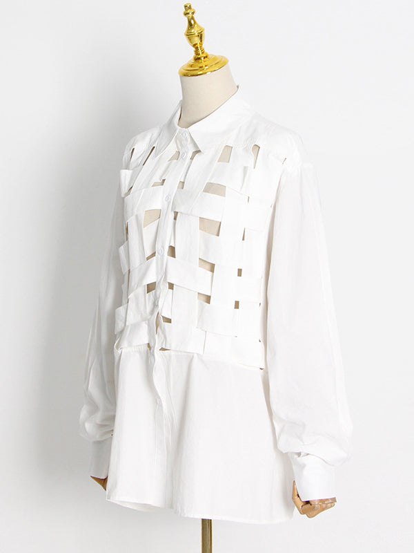flowersverse Stylish Long Sleeves Weave Hollow Solid Color Lapel Blouses Top
