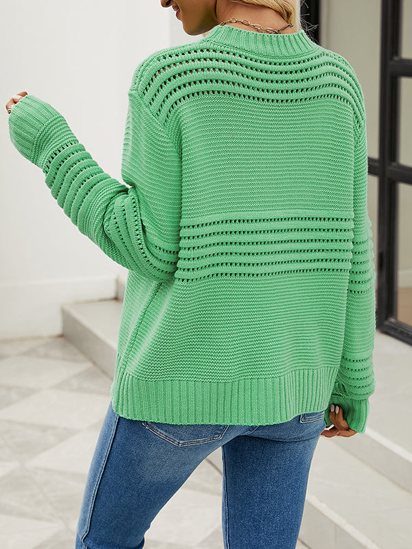 flowersverse Hollow Solid Color Long Sleeves Loose Round-Neck Sweater Tops Pullovers Knitwear