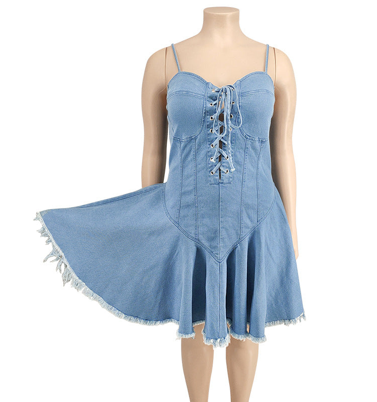 flowersverse Plus Size Women's Spring Sexy Sleeveless Denim Dress
