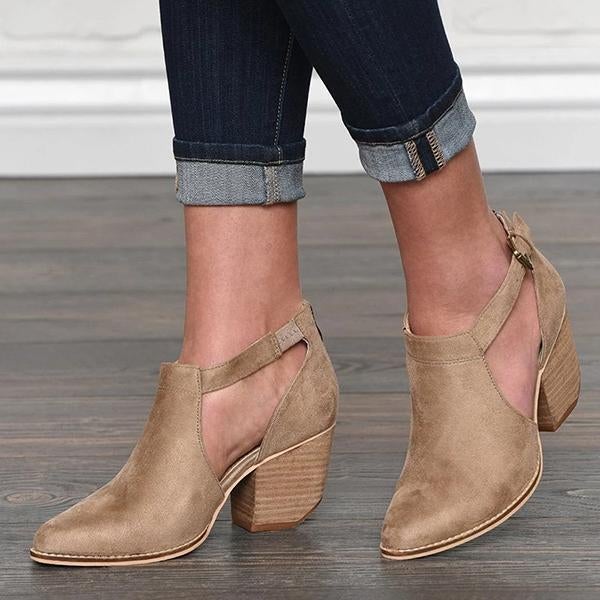 flowersverse Buckle Cut Out Chunky Heel Zipper Boots