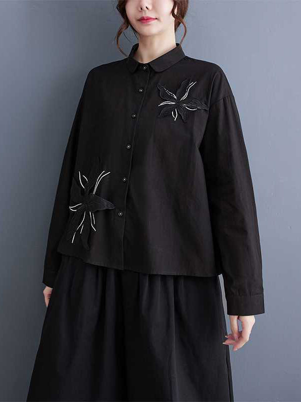 flowersverse Applique Buttoned Embroidered Long Sleeves Loose Lapel Blouses&Shirts Tops