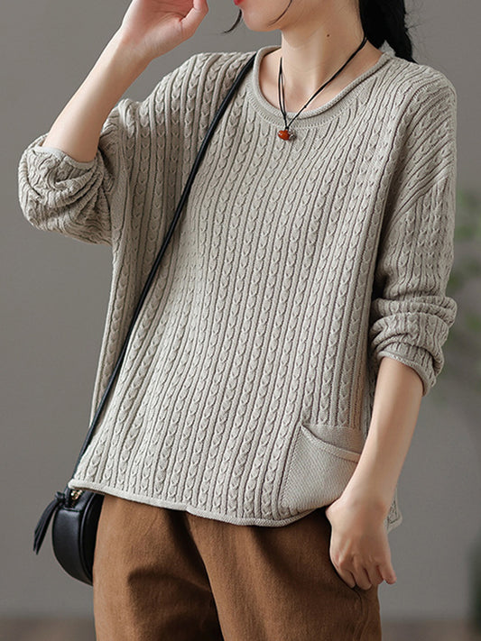flowersverse Artistic Retro Loose Long Sleeves Jacquard Solid Color Round-Neck Sweater Tops