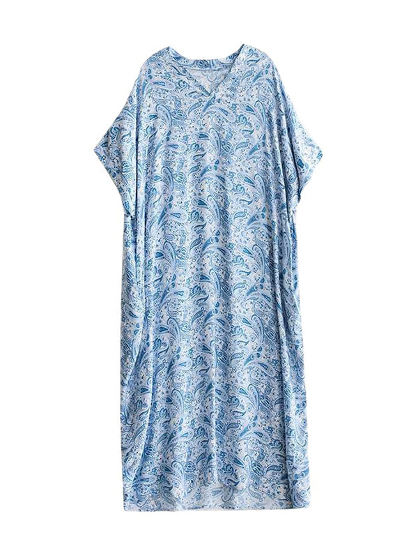 flowersverse Batwing Sleeves Loose Printed V-Neck Maxi Dresses