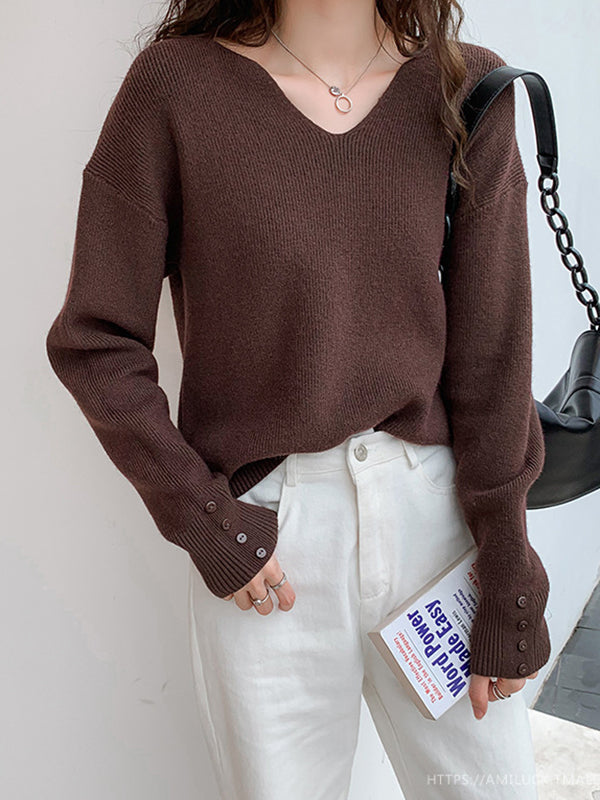 flowersverse Casual Loose Long Sleeves Solid Color V-Neck Sweater Tops