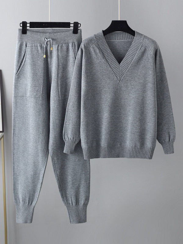 flowersverse Casual Loose Harem Pants Solid Color V-Neck Sweater Tops Pants Two Pieces Set